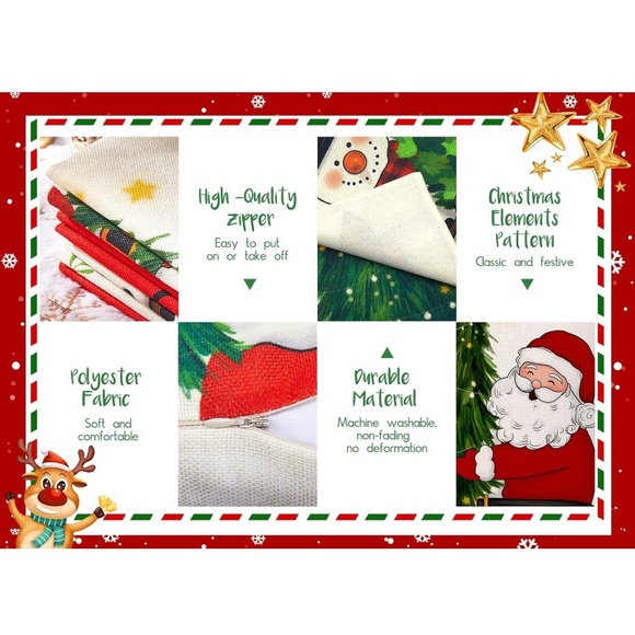 NWT- Set of 4- Holiday Snowman & Santa & Red Christmas Linen Pillow Covers 18x18 - Picture 9 of 9